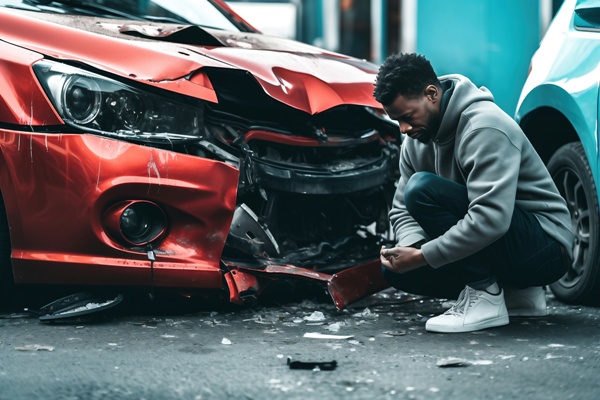 Young black man driver in car accident and holding his head near broken car on the road after a car accident. Car accident on the street, damaged cars after collision. Violation of traffic rules